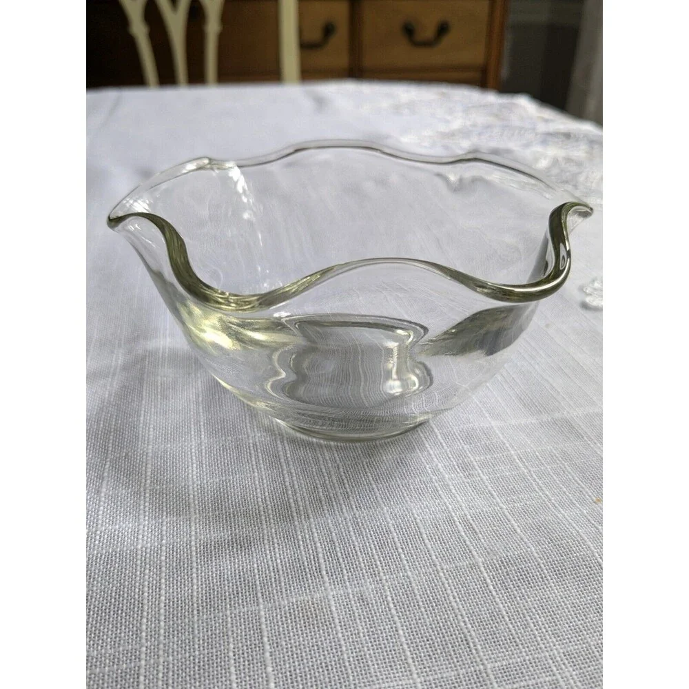 Vintage Clear Glass Dip/Dessert Bowl Yellow Tint Scalloped Edges MCM 5.25 inch